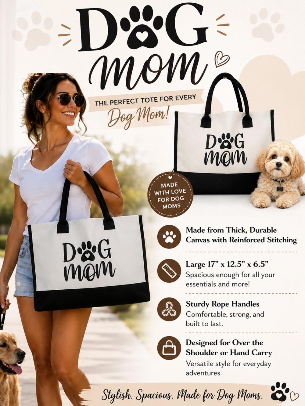 Dog Mom Large Thick Canvas Tote Shoulder Bag